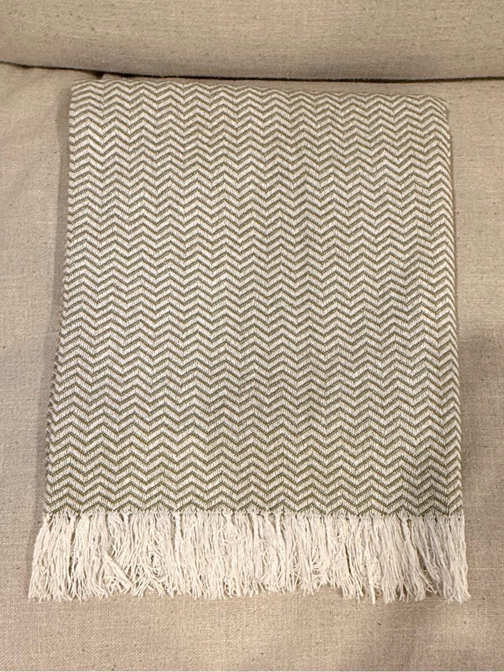 Sferra Luxury Cotton Chevron Throw Blanket Olive/Cream Fringe